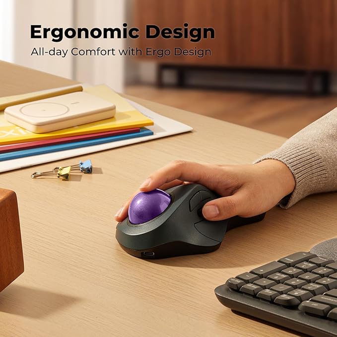 Wireless Trackball Mouse for Large Hands, Ergonomic Index Finger Control, Rechargeable Bluetooth/USB Mouse with Precise Smooth Tracking, Multi-Device Connection for Windows & Mac, Purple