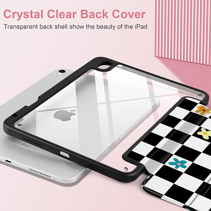 Case for iPad Air 11 inch M4 2026 M3 2025 M2 2024,iPad Air 5th (2022) / 4th (2020) 10.9 Inch Clear Back Shell Lightweight Shockproof TPU Edge Trifold Stand Auto Wake Sleep Cute Cover, Grid