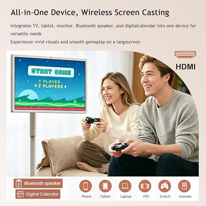 21.5"/24"/27"/32" UHD 1080P/4K Smart Portable TV, 8 GB RAM+128GB, Android 13, Portable Touch Screen Monitor, Larger Battery Up to 6-8hr, Full Swivel Rotation, Remote Control 24"