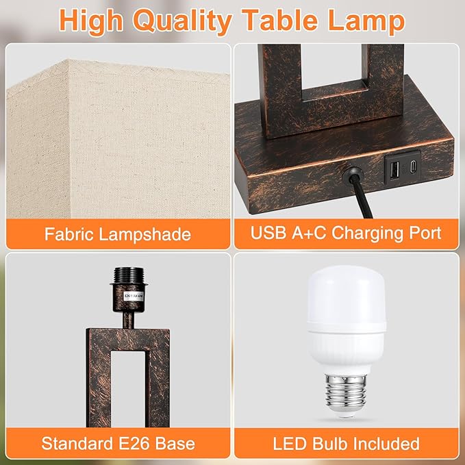 Seealle 22" Tall Living Room Lamps for Night Stands - Touch Bedside Lamp with USB C+A, 3 Way Dimmable Bedroom Lamps for End Tables Set of 2, Modern Night Stand Lamp for Bed Side(Beige&Brown)
