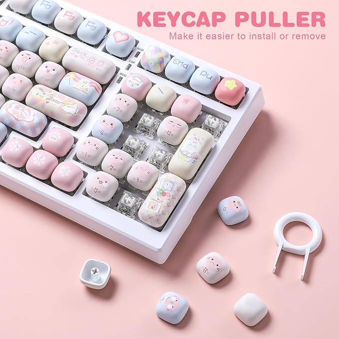 YUNZII Cute Pink Kitten Custom Keycaps, 141 Keys Dye Sub PBT MOG Profile Keycap Set for Mechanical Gaming Keyboards (Pink Kitten)