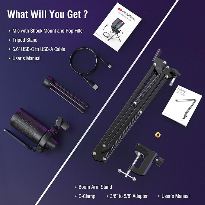 FIFINE Gaming USB Microphone Bundle with Mic Boom Arm, Condenser Mic with Quick Mute, RGB Light for Streaming, Suspension Scissor Arm Stand Kit for Recording Voice-Over Studio (A6V+CS1)