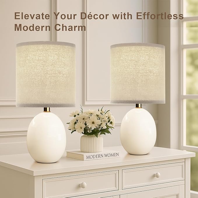 Dawnwake 18.5" Table Lamp Set of 2 for Living Room Bedroom, Bedside Lamps for Night Stands, Desk Nightstand Lamp Dimmable, Modern Linen Cream Ceramic Lamps (White-B)