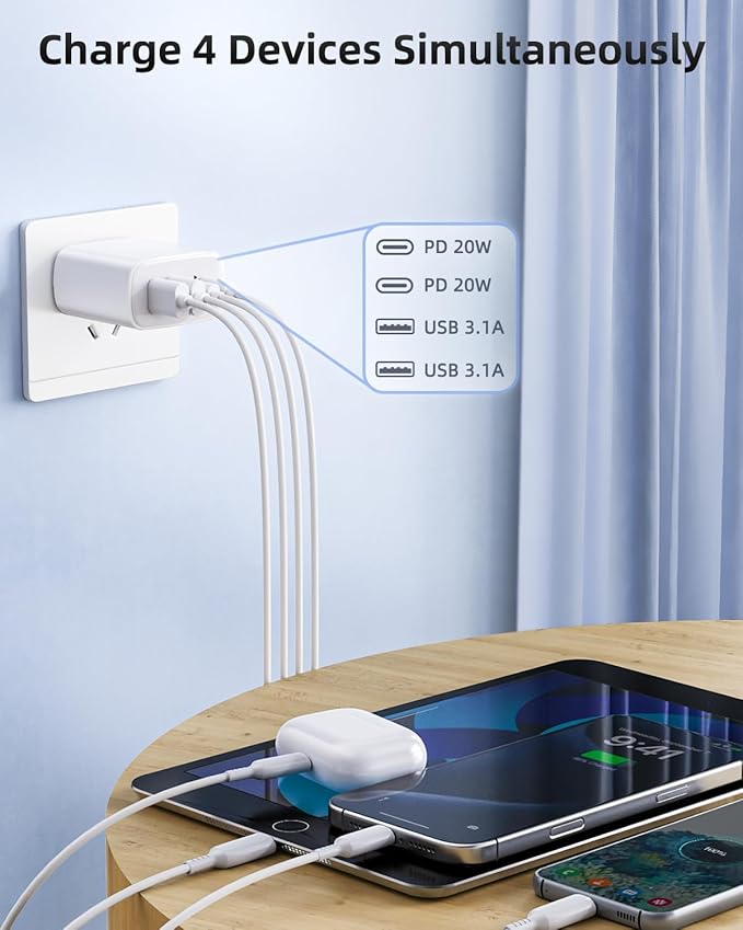USB C Charger Block, 2-Pack 40W 4-Port Type C Fast Charging Block for iPhone 16 15 14 13 12 Pro Max Plus, iPad,Samsung, Dual PD Power Adapter + QC 3.0 Multi Wall Plug ﻿Charger Box USBC Cube