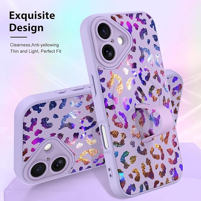 KANGHAR Compatible with iPhone 16 Case, Support for MagSafe, Silicone Cute Iridescent Leopard Cheetah Pattern, Wristband Kickstand Shockproof Protective Slim Cover for Women Girls, Purple