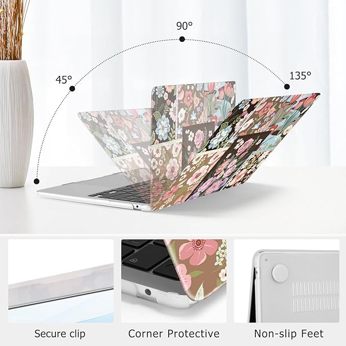 MOSISO Compatible with MacBook Air 13 inch Case M5 2026 M4 2025 M3 M2 2024-2022 A3449 A3240 A3113 A2681, Spliced Flowers Hard Shell&Keyboard Cover&Screen Film for MacBook Air 13.6 inch Case, Brown