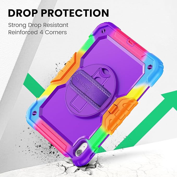 SEYMAC Case for iPad (A16) 11th/10th Generation 2025/2022 (11″/10.9″), Heavy Duty Full-Body Shockproof Protective Case with Screen Protector, Rotating Stand, Hand/Shoulder Strap, Colorful/Purple
