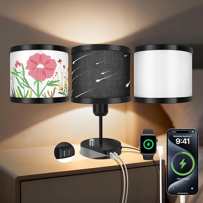 Bedside Table Lamp for Bedroom, Small Bedside Light with USB C and A Ports, Night Lamp with 3 Rotatable Shades, Daylight White Bulb with Dimmable