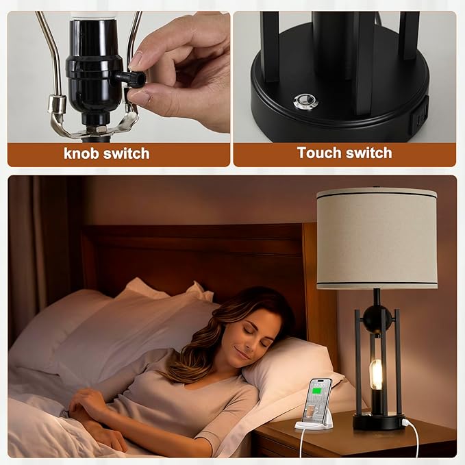25'' Industrial Table Lamps for Living Room 1pcs with USB C+A Ports, Farmhouse Rustic Bedside Lamp for Bedroom, Touch Lamps for Nightstand, Dual Lights Independent Switch, Bulb Included, Black