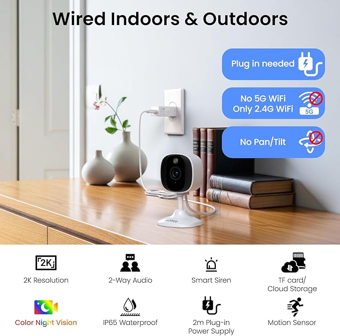 AOQEE 2K Cameras for Home Security-Outdoor/Indoor Camera for Dog/Cat/Pet/Nanny/Baby/Elderly, Color Night Vision, White Light, Siren, 24/7 SD Recordings, Works with Alexa, Plug in (C1-White-2pack-2.4G)