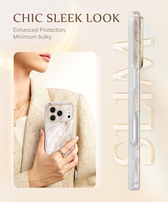 GVIEWIN for iPhone 17 Pro Case Compatible with MagSafe, [Full Camera Protection][Military-Grade Protection] Shockproof Protective Slim Magnetic Marble Phone Case for 17 Pro 6.3", Pearlescent/Gold