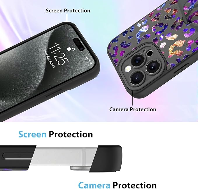 KANGHAR Compatible with iPhone 15 Pro Max Case, Support for MagSafe, Silicone Cute Iridescent Leopard Cheetah Pattern, Wristband Kickstand Shockproof Protective Slim Cover for Women Girls, Black