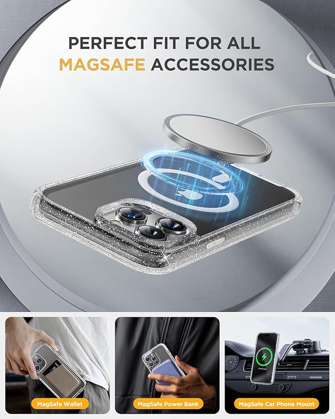 Miracase Magnetic for iPhone 13 Pro Max Case 6.7 inch, (Compatible with MagSafe) Upgrade Full-Body Clear Phone Bumper Case with Built-in 9H Tempered Glass Screen Protector, Magnetic Glitter Clear