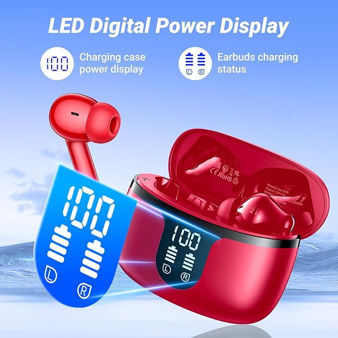 Wireless Earbuds Bluetooth 5.4 Headphones HiFi Stereo 42H Playback in Ear with 4 ENC Noise Cancelling Mic, IPX7 waterproof and LED battery display screen for Running Fitness Office Ear Buds in Red
