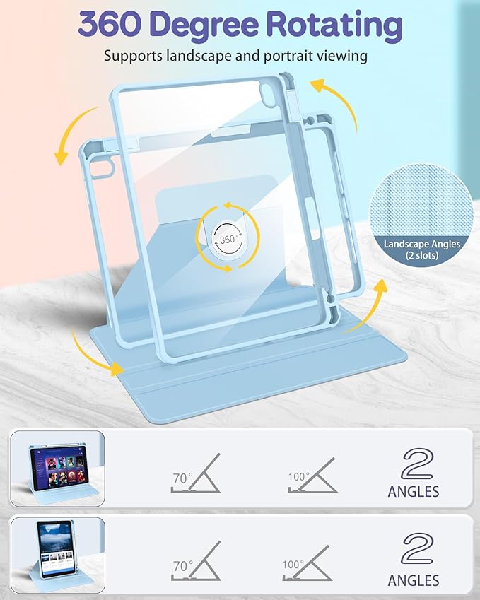 Uppuppy for iPad A16 Case for iPad 10th Generation Case 10.9 inch - 360 Degree Rotating Stand Folio Smart Cover with Pencil Holder for Women Girls, Blue & White Stripes for Apple 10th 2022/11th 2025