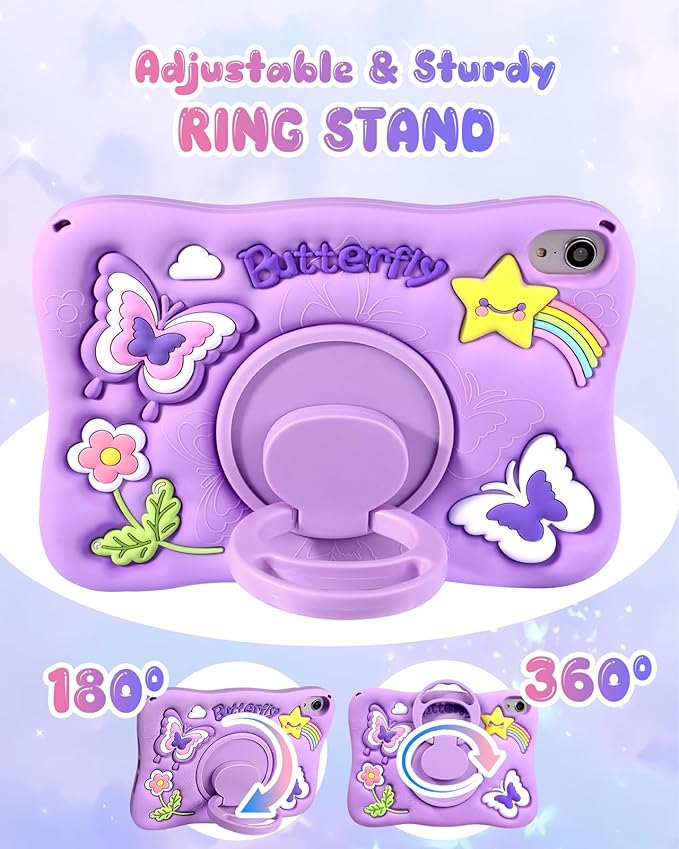 Kidcube for iPad mini 7 Case A17 Pro 2024, for iPad mini 6th Generation Case 8.3 Inch - Girls Cute Kawaii Girly 3D Purple Butterfly Design Cover with Rotating Stand & Strap Unique Silicone Women Case