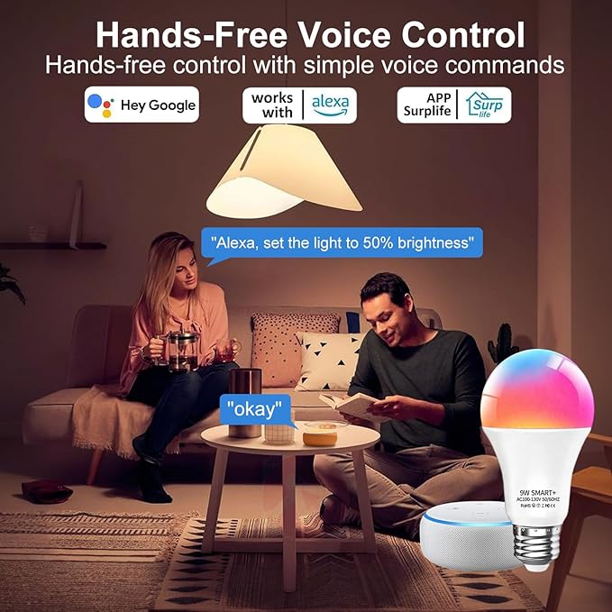 luckystyle Smart Light Bulbs, 9W A19 E26 800LM WiFi Bluetooth LED Bulbs Compatible with Alexa, Google Assistant & Home, 16 Million Colors Music Sync Color Changing Dimmable RGBWW Lights Bulb (4)