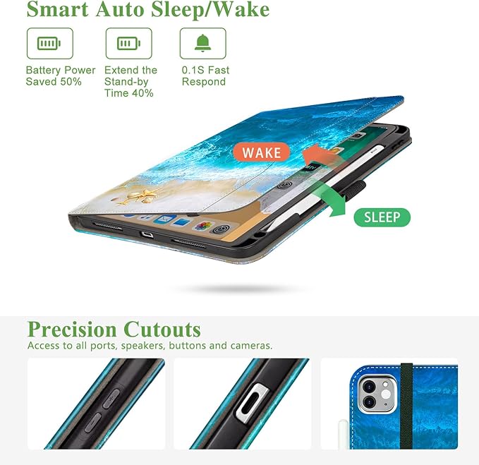 Rotating Case for iPad Air 11 Inch M4/M3/M2 2026, for iPad Air 5th/4th Gen Cases,for iPad Pro 11 Inch Case 4th/3rd/2nd/1st Generation Pencil Holder/Hand Strap/Pocket 360 Degree Rotating, Ocean Beach