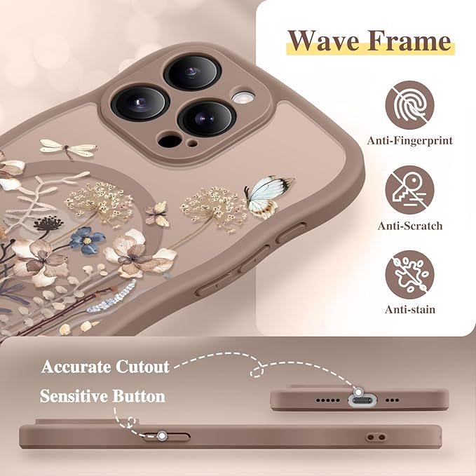 GVIEWIN for iPhone 15 Pro Case Compatible with MagSafe [Curly Wave Edge][Full Camera Protection] Floral Translucent Shockproof Magnetic Women Phone Case for iPhone 15 Pro 6.1'', Autumnflit/Brown
