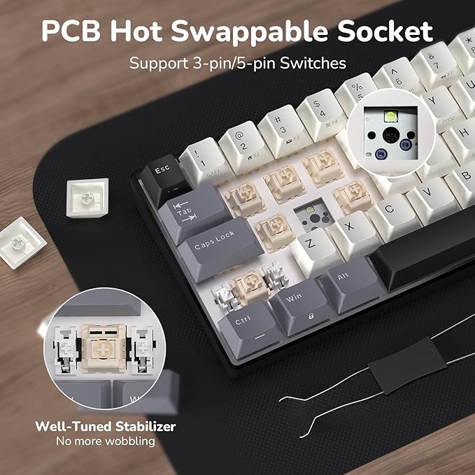 RK ROYAL KLUDGE RK61 Wireless Mechanical Keyboard, 60% Triple Mode BT5.0/2.4G/USB-C Compact Gaming Keyboard, PBT Keycaps, Pro Software, Hot Swappable Custom Switches