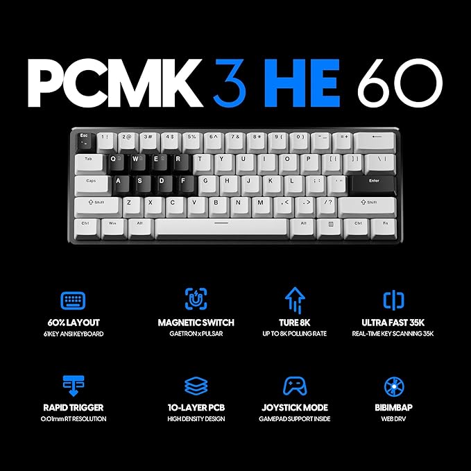 Pulsar PCMK 3 HE 60 Hall Effect Magnetic Gaming Keyboard, Rapid Trigger, Adjustable Actuation Magnetic Switch, 8k Polling, Ultra-Low Latency, RGB Lighting, Hot-Swap, Double Shot PBT Keycaps (White)