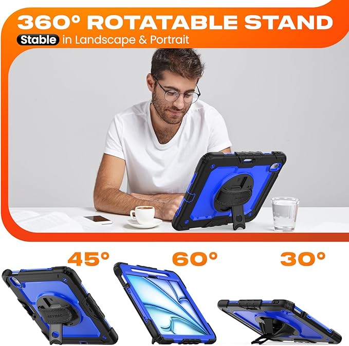 SEYMAC stock Case for iPad Air 11-inch M4-M2 2026-2024 (Gen 8-6), Shockproof Heavy Duty Case with Screen Protector, Pencil Holder, Rotating Stand, Hand Strap, Shoulder Strap, Blue