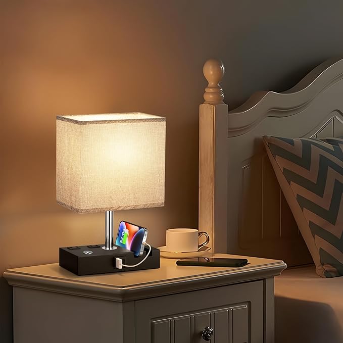 Kakanuo Nightstand Lamp for Bedroom with Dual USB Ports, Grey Touch Control Bedside Table Lamp with Charging Outlets and Phone Stands, 3-Way Dimmable Desk Lamp for Living Room, LED Bulb Included