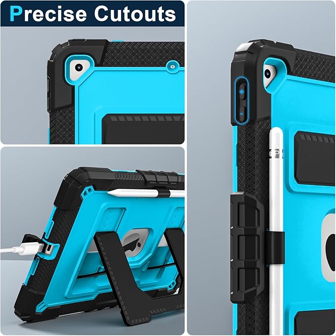 Kids Friendly Case for Apple iPad 10.2" 9th 8th 7th Generation 2021/2020/2019 Case with Pencil Holder & Shoulder Strap, Military Grade Shockproof Kickstand Hard Shell Protective Cover,Black+Blue