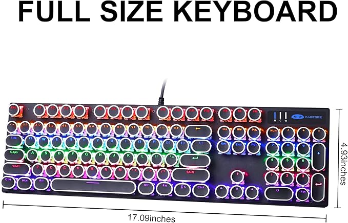 Camiysn Typewriter Style Mechanical Gaming Keyboard, Black Retro Punk Gaming Keyboard with RGB Backlit, 104 Keys Blue Switch Wired Cute Keyboards, Round Keycaps for Windows/Mac/PC