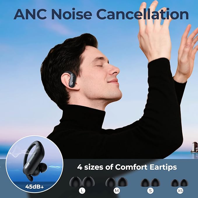 GNMN Active Noise Cancelling Bluetooth Headphones Wireless Earbuds 90 Hrs Playtime Ear Buds with Hi-Res Stereo Deep Bass Power Display Earphones with Earhooks Waterproof Transparency Headset