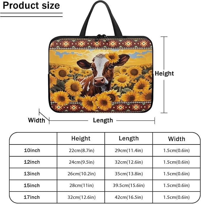 13 Inch Laptop Sleeve, Laptop Cover Computer Bag Tablet Carrying Case with Handle, Tribal Sunflower Cow Water-Repellent Tote Bags Notebook Sleeves Handbag Messenger Briefcase