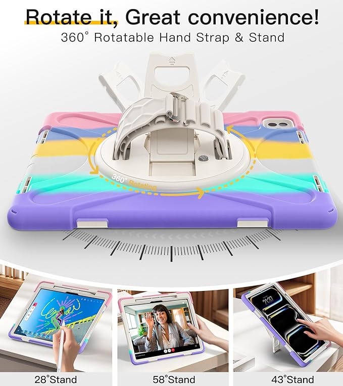 BRAECN for iPad Pro 13 inch Case M5 2025 & M4 2024 Heavy Duty Shockproof Protective with Pencil Holder Screen Protector 360°Rotating Stand Handle & Shoulder Strap Full Body Cover Kids Friendly