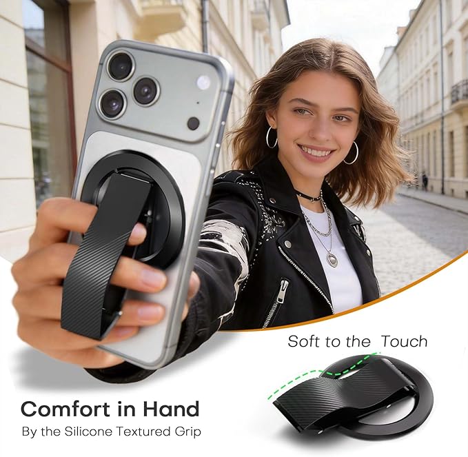 SINCEHOLY for MagSafe Phone Grip Ring, Magnetic Phone Holder with Silicone Finger Strap, 360° Rotating Dual-Axis Kickstand, N52 Magnetic Phone Stand Grip for Mag Safe iPhone 17/16/15/14/13/12, Black