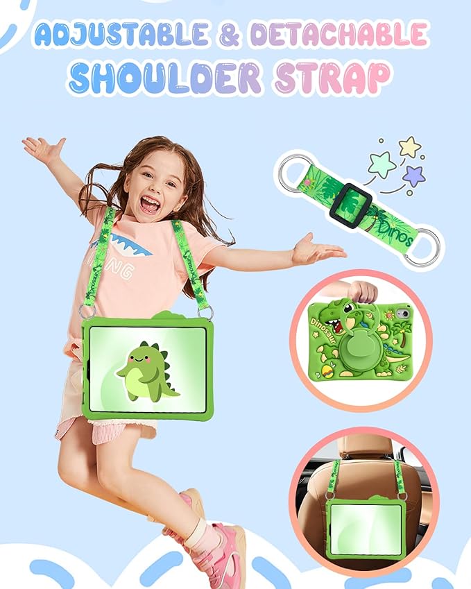 Boaretiu Tablet Case - Cute Cartoon Silicone Cover with Adjustable Shoulder Strap & Rotating Stand for Kids Boys Girls, for iPad mini 7th (A17 Pro) / for iPad mini 6th Generation Case, Green Dinosaur