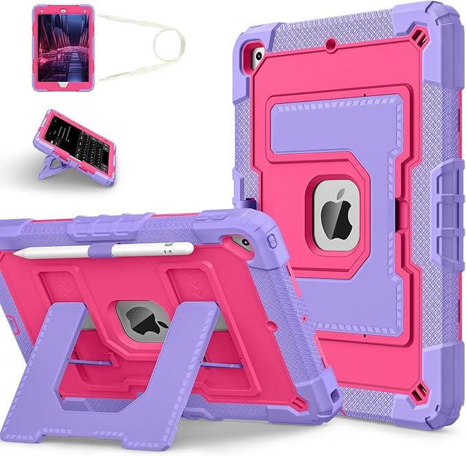 Kids Friendly Case for Apple iPad 10.2" 9th 8th 7th Generation 2021/2020/2019 Case with Pencil Holder & Shoulder Strap, Military Grade Shockproof Kickstand Hard Shell Protective Cover,Rose+Purple