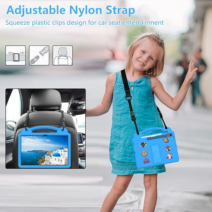 AKABEILA Compatible with Samsung Galaxy Tab A11 2025 Tablet Case, Kids Friendly Universal Lightweight Shockproof Protective Case with Shoulder Strap & Stand Handle Sky Blue
