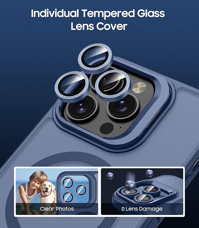 TOBOVON for iPhone 16 Pro Max Case, Compatible with MagSafe, Built-in Camera Ring Stand, with Individual Camera Cover, Translucent Matte Military-Grade Drop Protection Magnetic Case, Blue