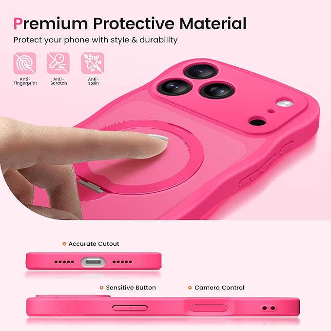 CAPRARO Magnetic for iPhone 17 Pro Case with 360° Spin Magnetic Stand for Women, [Compatible with MagSafe] [Full Camera Protection] Cute Wave Translucent Matte Case for iPhone 17 Pro, Hot Pink