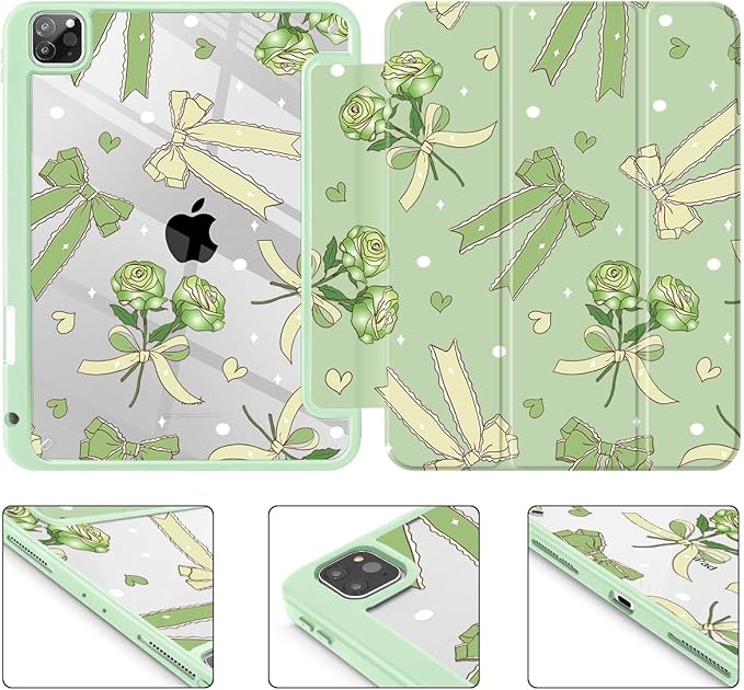Tuiklol for iPad Pro 12.9 Inch 6th/5th/4th/3rd Generation 2022 2021 2020 2018 Case,Built-in Pencil Holder Clear Transparent Protective Back Shell Cover with Auto Sleep/Wake, Bow & Rose Green
