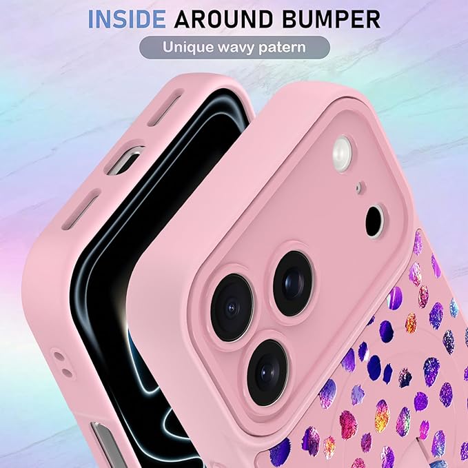 KANGHAR Compatible with iPhone 17 Pro Max Case, Support for MagSafe, Silicone Cute Iridescent Pattern Leopard Print Cheetah, Wristband Kickstand Shockproof Soft Slim Cover for Girls Women, Pink