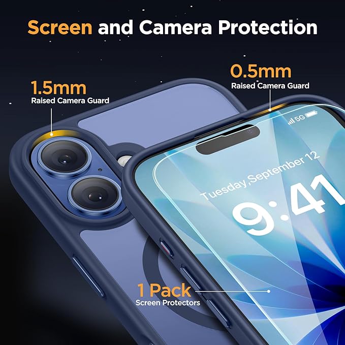 Miracase Magnetic for iPhone 17 Case (Compatible with MagSafe) with Screen Protector Military-Grade Protection, Anti-Fingerprint Translucent Matte Phone Cover for iPhone 17 6.3 inch, Dark Blue