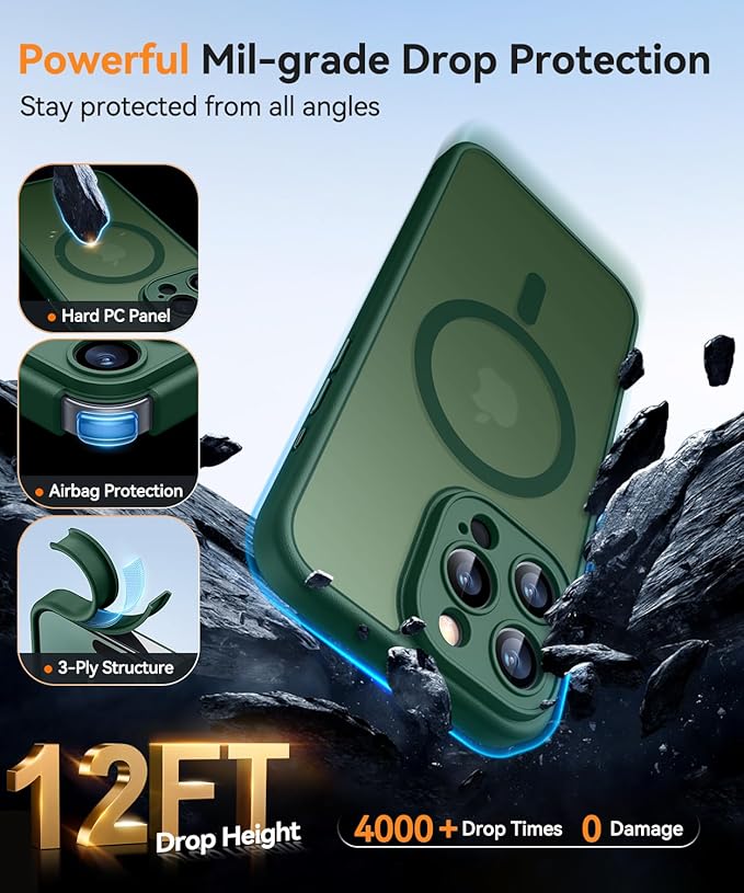 CANSHN Magnetic Compatible with iPhone 16 Pro Max Case, Upgraded [Full Camera Protection] [Compatible with Magsafe] [Translucent Matte] Shockproof Protective Phone Case Cover 6.9 Inch - Deep Green