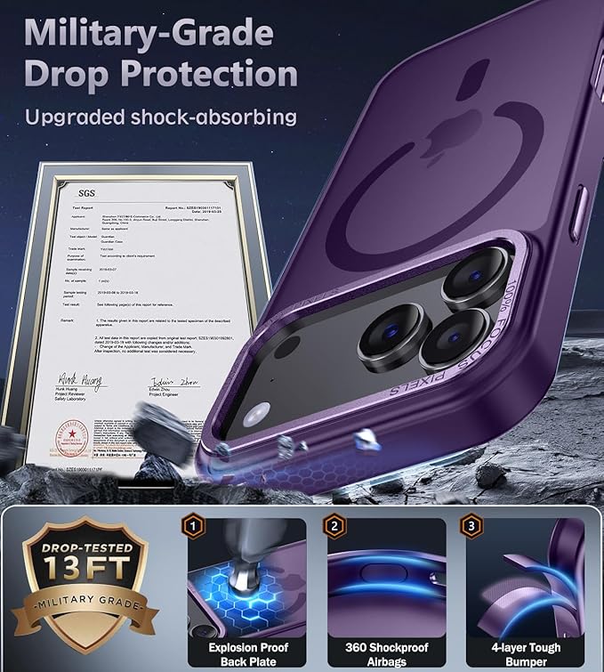 Newfuture Magnetic for iPhone 17 Pro Case [Compatible with Magsafe] [Military Grade Drop Protection] Translucent Matte Anti-Scratch Shockproof Protective Phone Cover 6.3 Inch, Deep Purple