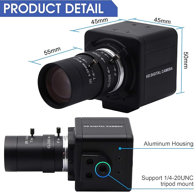 USB Camera 4K Ultra HD Webcam with 5-50mm Varifocal Lens USB Camera High Resolution 3840P Optical Web Camera,Manual Zoom Conference Webcam Support OPENCV on Mac/Window/Linux