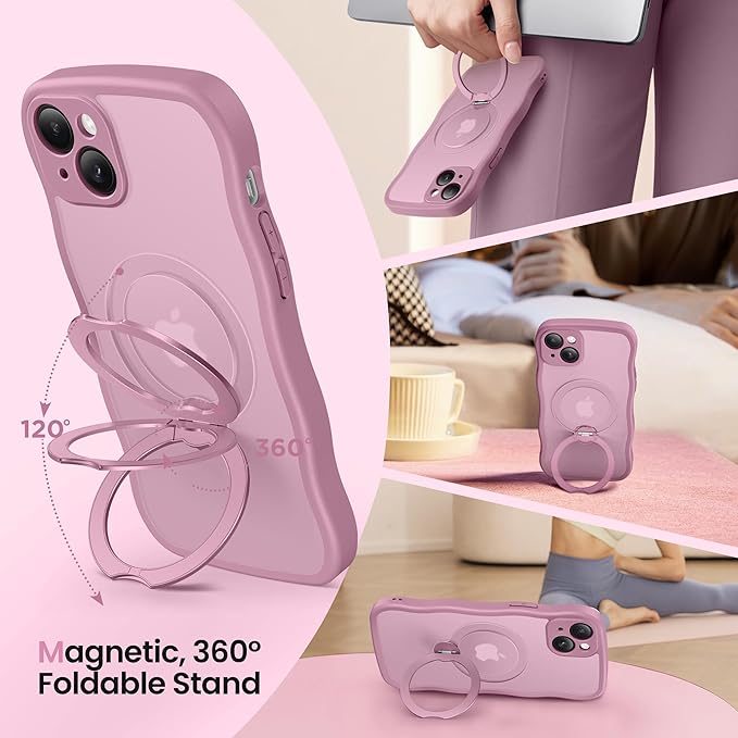 CAPRARO for iPhone 15 Case with 360° Spin Magnetic Stand for Women, [Compatible with MagSafe] [Full Camera Protection] Cute Wave Translucent Matte Case for iPhone 15, Black Currant