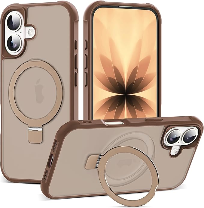 SKYLMW Compatible with iPhone 17 Case with Invisible Magnetic O-Ring Stand Military-Grade Translucent Phone Case for iPhone 17 6.3" [Compatible with Mag-Safe][Great Grip Feeling],Desert Brown