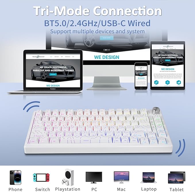 HUO JI 75% Wireless Mechanical Gaming Keyboard, Bluetooth/2.4G/USB Wired, Creamy Sound, RGB Backlit, Hot Swappable Pre-lubed Linear Switches, Volume Knob, Custom Gasket Structure for Win/Mac, White