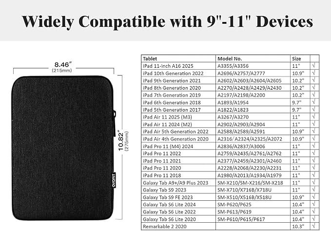 TiMOVO 9-11" Tablet Sleeve Bag for iPad 11-inch A16 2025, iPad 10.9"/10.2"| Air 11 Inch/5th/4th Gen. 10.9", Galaxy Tab A9+/A11Plus 11", Protective Bag Fit Smart Keyboard, Black
