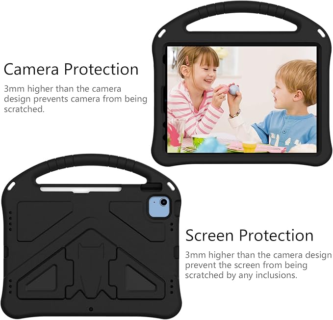 Shockproof Case for Apple iPad A16 11 Inch 2025 11th Gen/iPad 10th Generation 2025 10.9", with Shoulder Strap Soft EVA Handle Design Foldable Kickstand Kids Friendly Cover for Girls Boys, Black