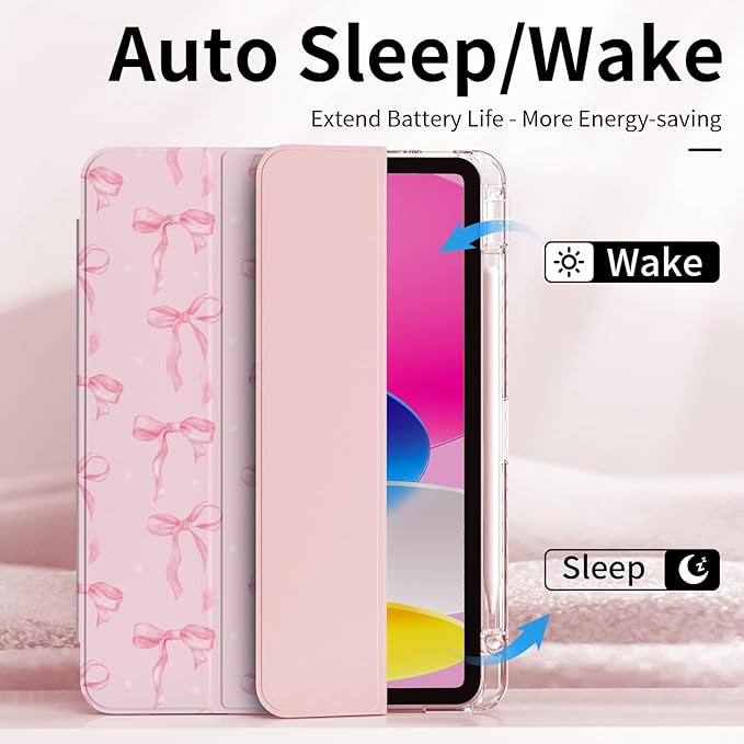 for iPad Air 13 Inch 2026/2025/2024 (M4/M3/M2) Case, Slim iPad Pro 12.9" 6th/5th/4th/3rd Generation Case, Trifold Stable Stand Protective Clear Back Cover with Pencil Holder, Pink Bows